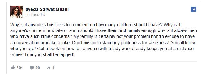 Sarwat Gillani Burst Out on Facebook about Fertility